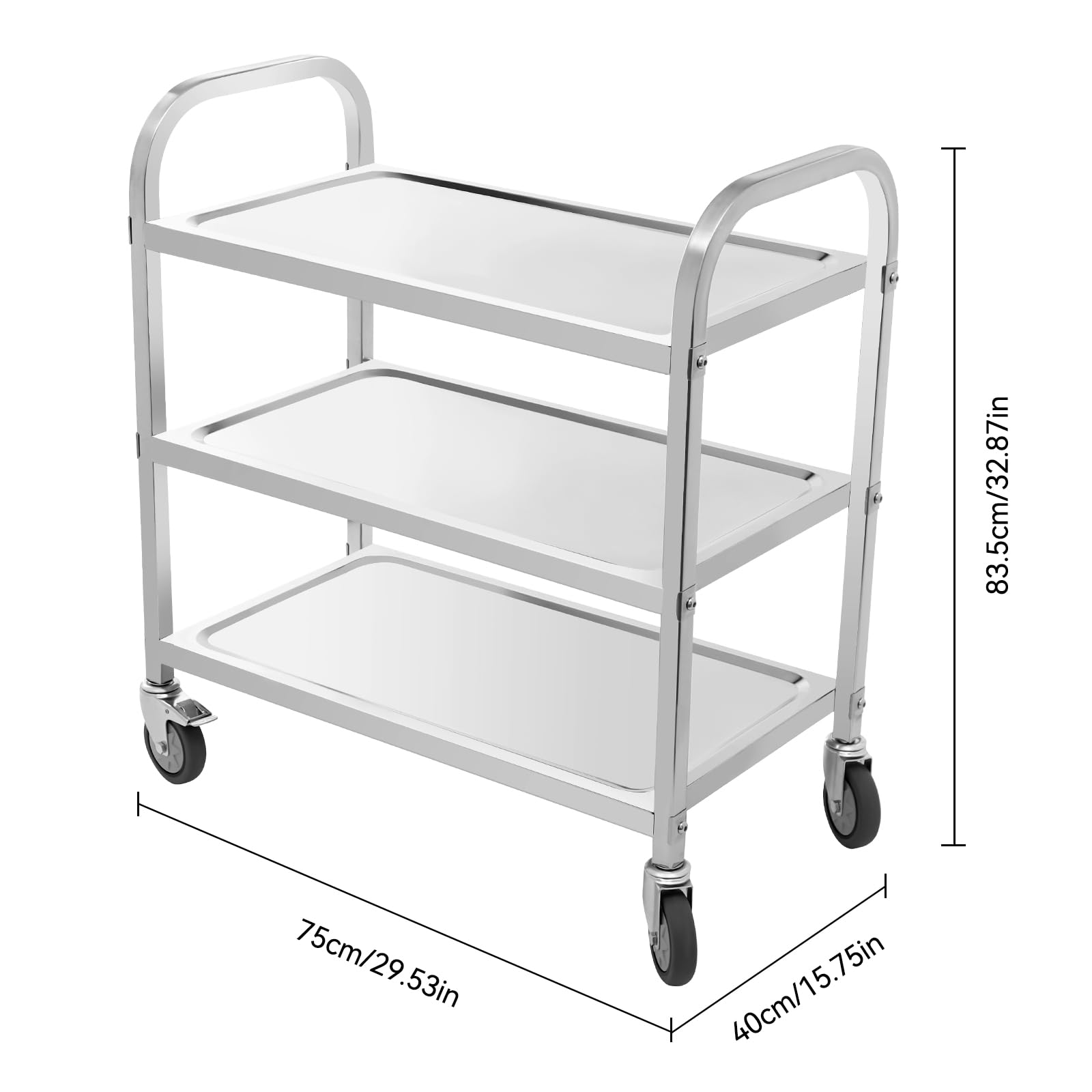 Carrello da portata a 3 ripiani, in acciaio inox con ruote e freni, 75 x 40 cm, carrello da cucina arrotolabile, portata 20 kg per livello, per ristorante, cucina e casa