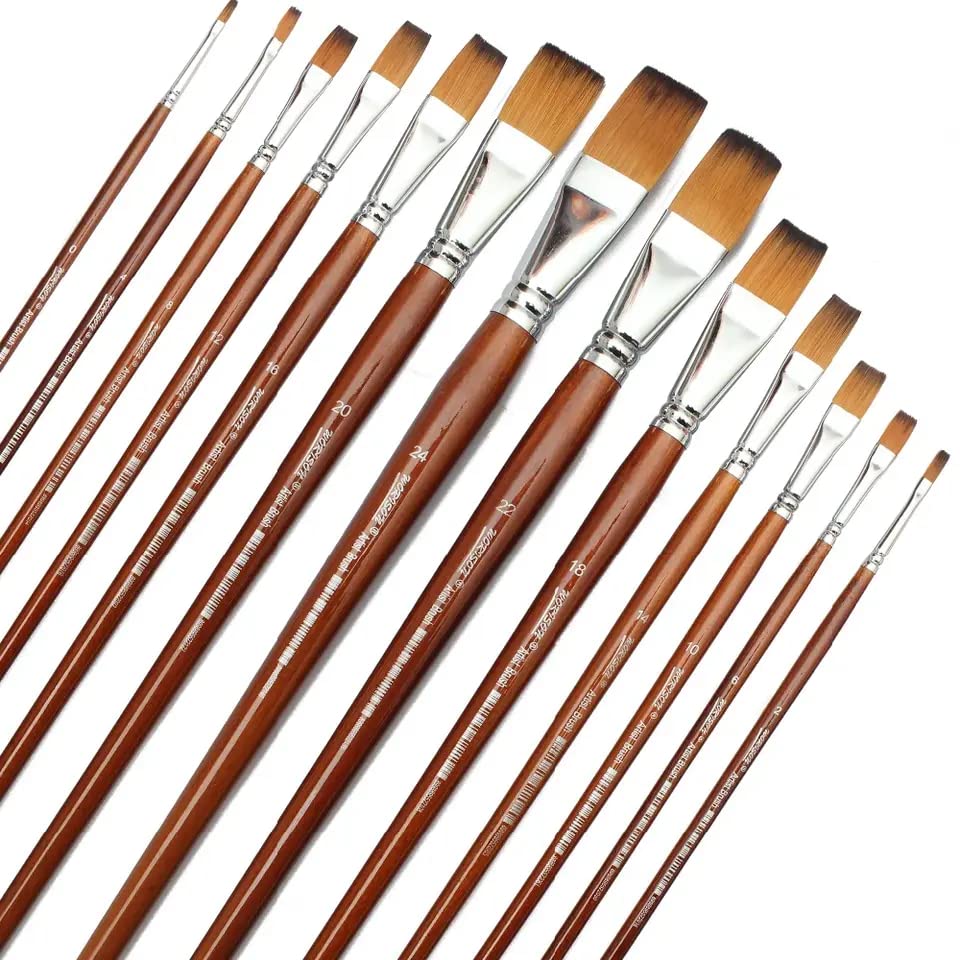 Image of Chrome Long Handle Synthetic Filbert Tip Artist Paint Brushes - 13 Piece Set (13pcs Flat Brush Set)