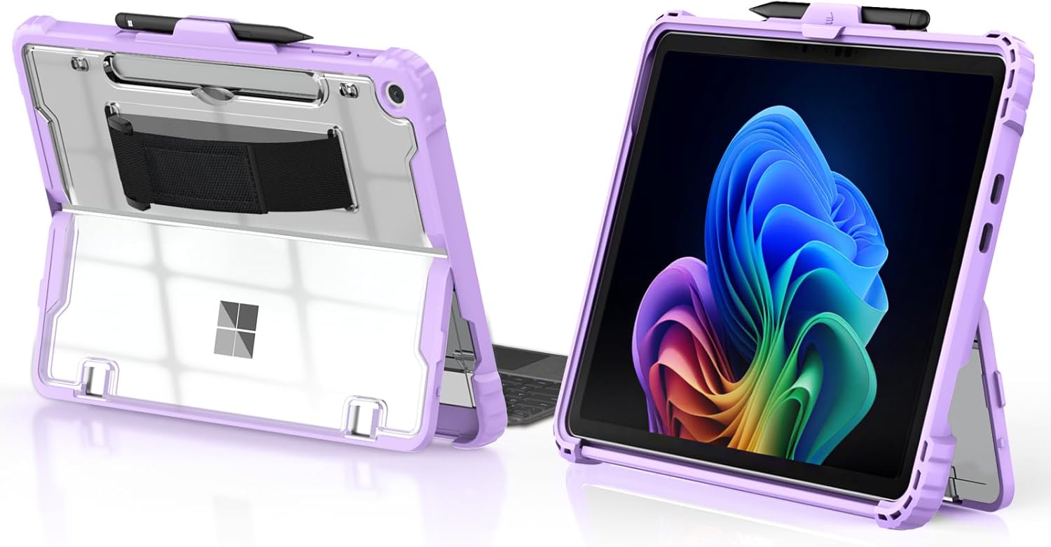 TiMOVO Case for Microsoft Surface Pro 12 Inch 2025 with Pen Holder, Rugged Clear Back Protective Cover with Removable Hand Strap, Compatible with Type Cover Keyboard, Violet