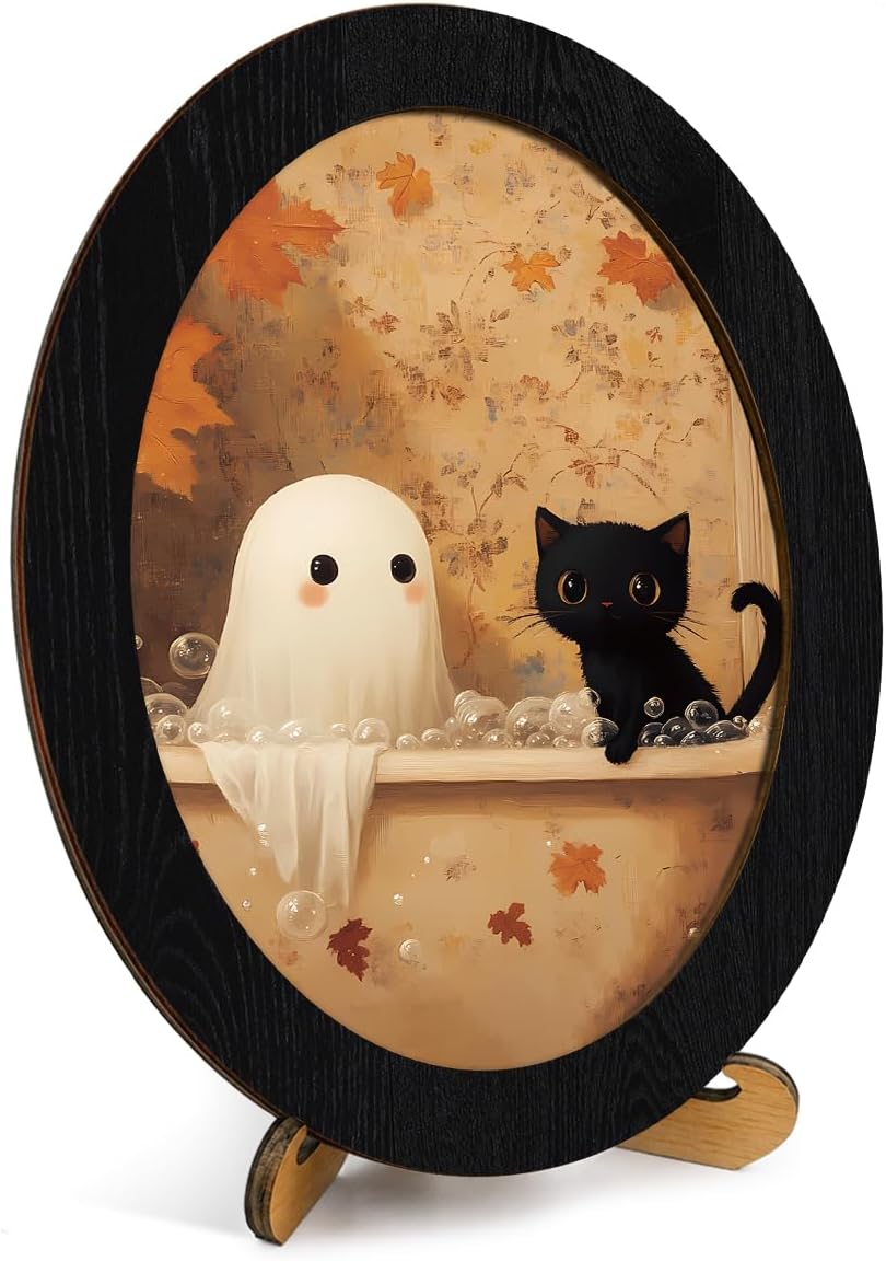 RPBAGW Vintage Ghost Black Cat Halloween Bathroom Oval Wall Art Print