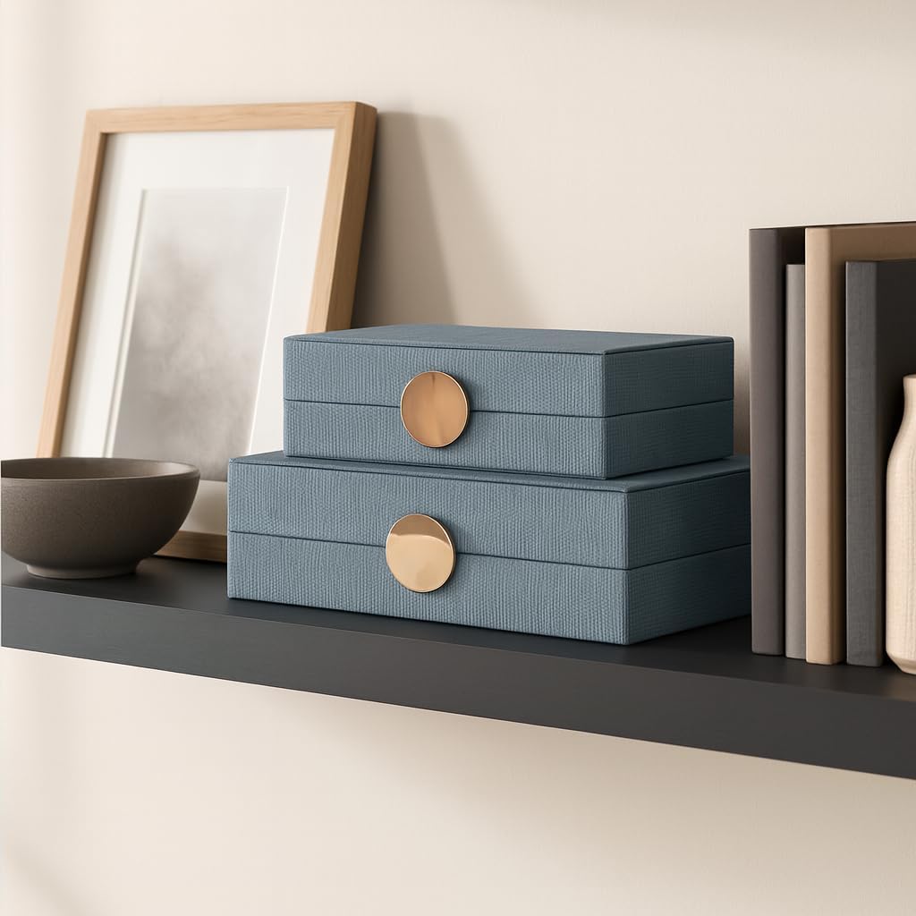 Decorative Rectangular Faux Leather Boxes for Home Decor - Stylish Decor Box with Lid for Storage, Jewelry, or Keepsake - Elegant Home Organizer for Living Room Decor - Set of 2, 4", 3", Blue & Gray