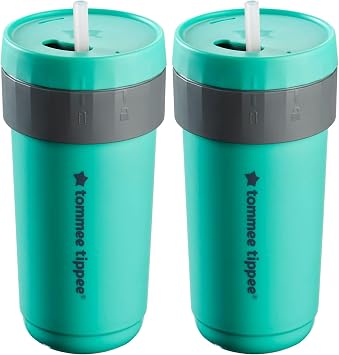 Tommee Tippee 3in1Cup, Insulated Convertible Cup, 18 months+, 10oz, Toddler Trainer Tumbler, Leakproof Straw, Travel-Friendly Lockable Lid, Teal Pack of 2