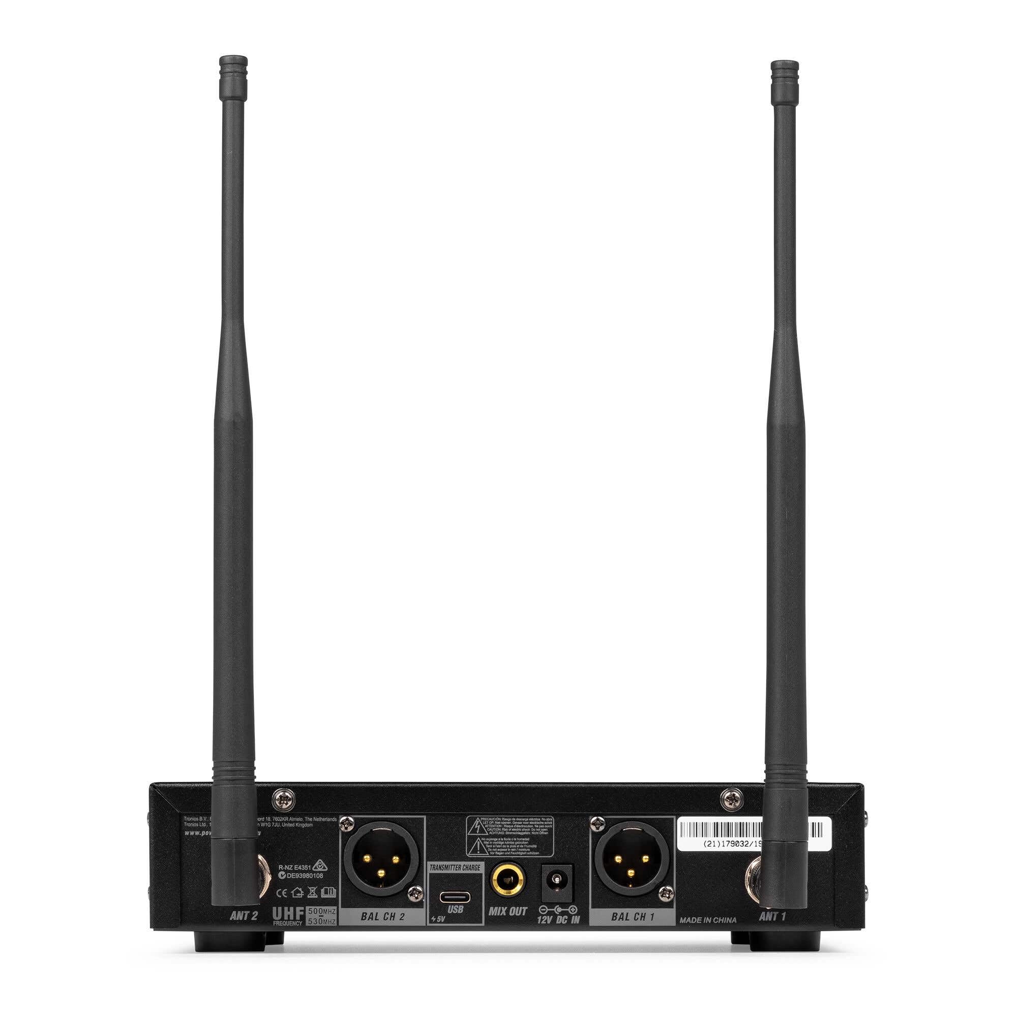 Power Dynamics PD522B - Sistema microfonía UHF Profesional con 2 petacas, Diadema y Solapa, 100 Canales, Receptor con Salida XLR, baterías Recargables, Montaje en Rack, sin Licencia