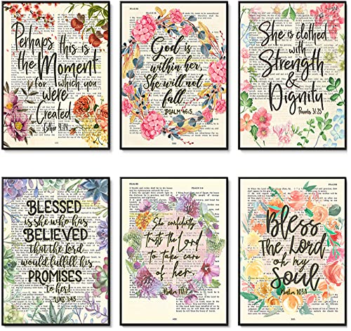 She Set of 6 - Proverbs 31:25, Esther 4:14, Psalm 46:5, Psalm 103.1, Luke 1:45, Psalm 112:7 Vintage Christian Bible Verse Page Art Prints, Unframed, Wall Art Decor Posters, 5x7 Inches