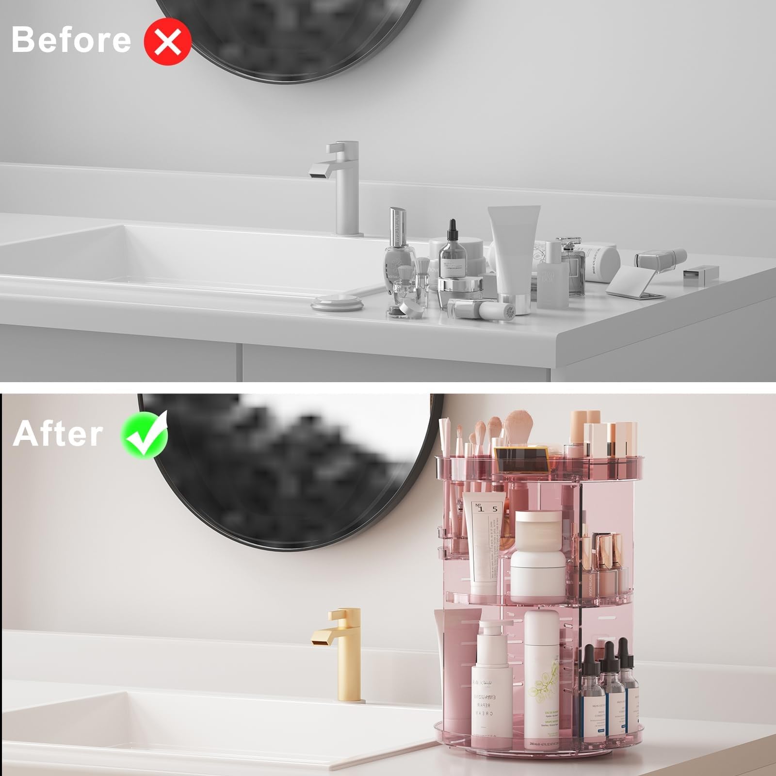 Jiavarry Organizer rotante per trucchi a 360 gradi con slot per rossetto, 8 strati regolabili, organizer per la cura della pelle, grande capacità, mensola per cosmetici per piano di lavoro del bagno