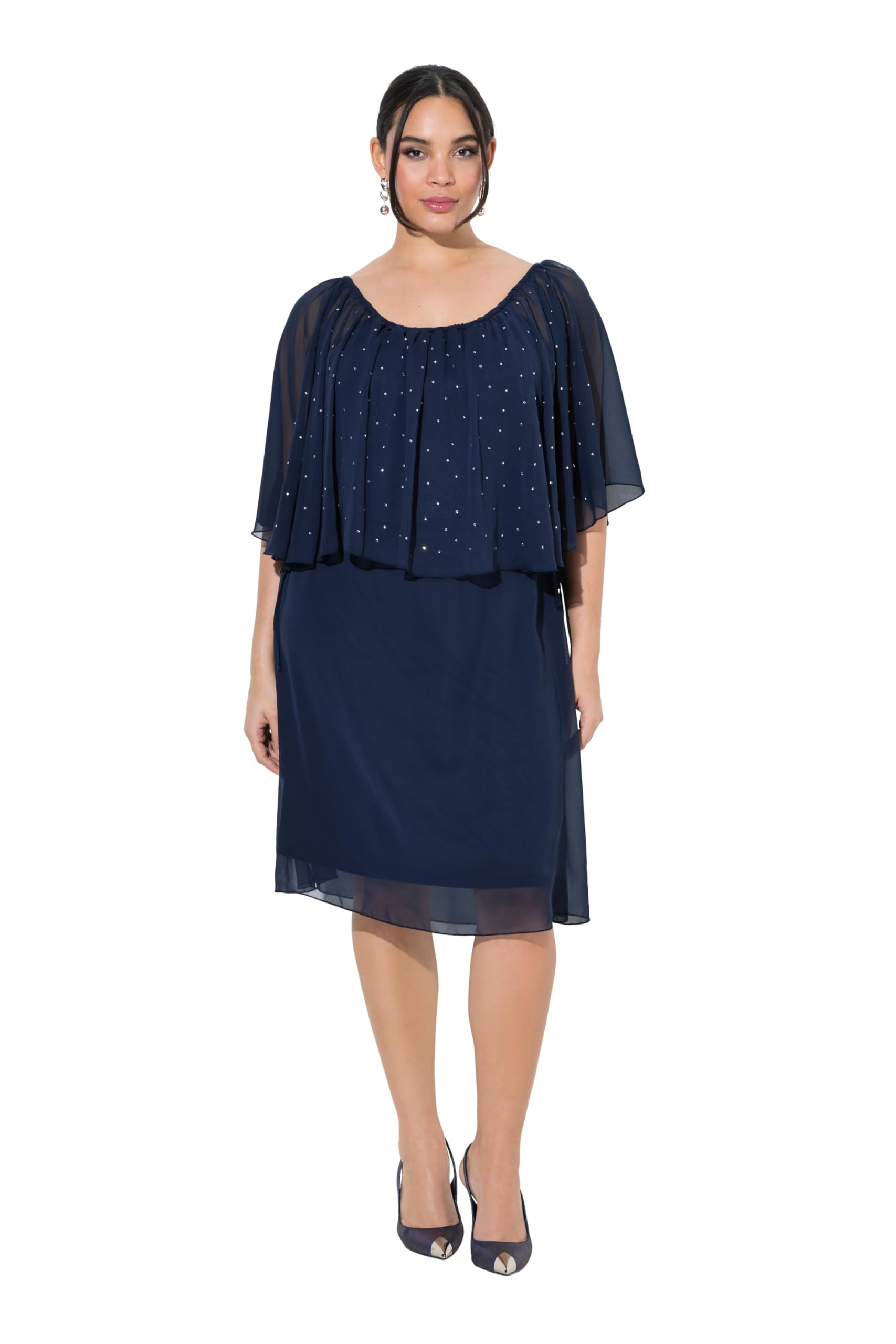 Ulla Popken Damen große Größen Übergrößen Plus Size Kleid, Chiffonrüsche, A-Linie, Carmen-Ausschnitt 848169
