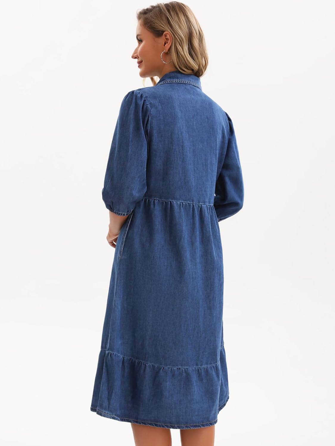 Women's Denim Dress 3/4 Sleeve Button Down Collar A Line Swing Tiered Midi Jean Dresses - Image 4