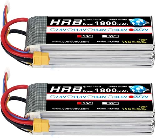 HRB 2 baterías LiPo de 1800 mAh 6S 22.2 V 50C con enchufe XT60 compatible con helicóptero RC, avión, coche, barco, camión