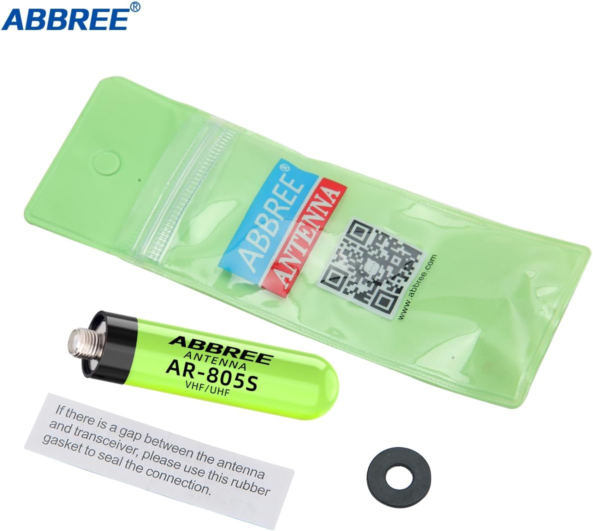 ABBREE AR-805S antenna in its packaging, alongside a small rubber gasket, with text indicating to use the gasket if there's a gap between the antenna and transceiver.