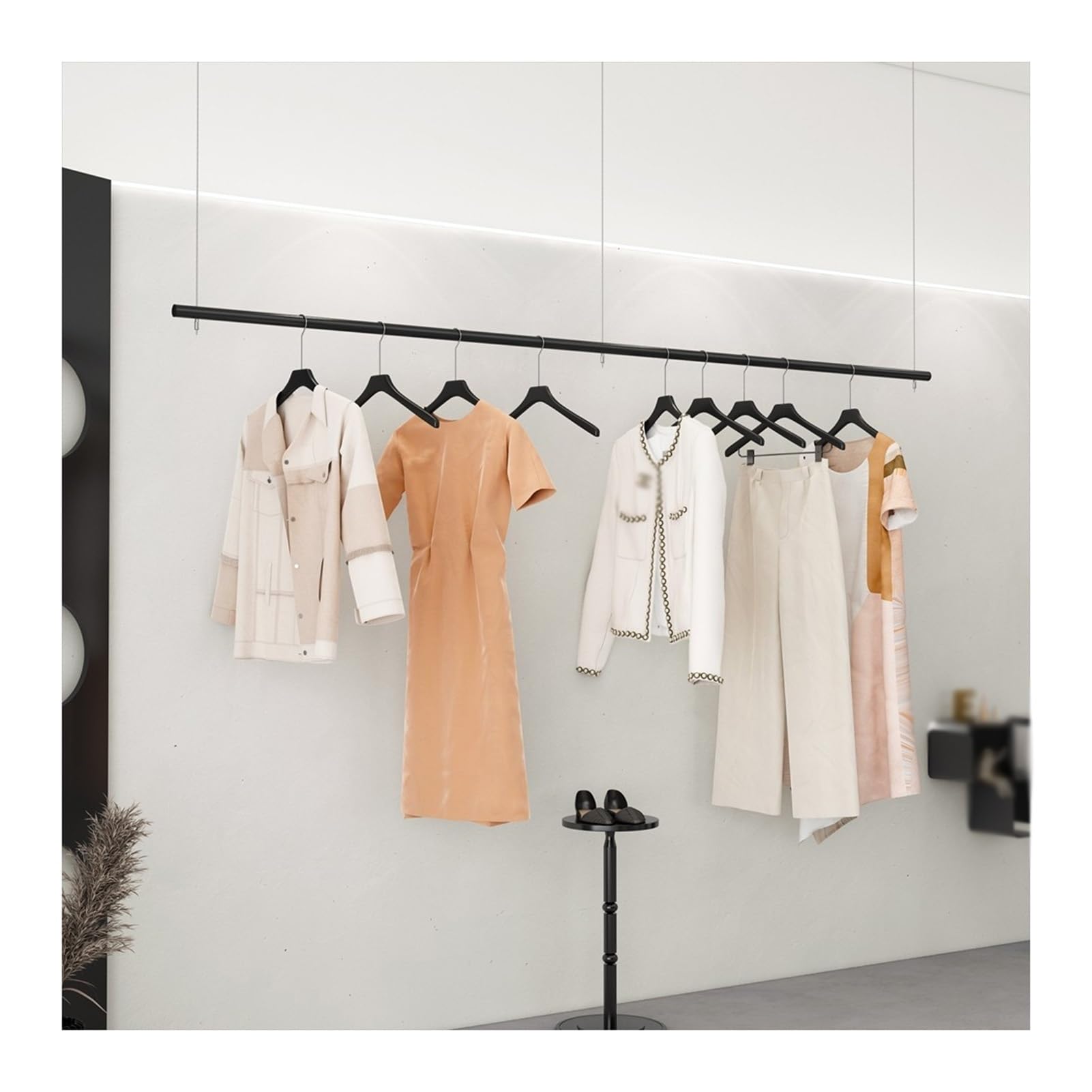 YNBSHGAA Adjustable Metal Clothing Display Rack 150x300cm Hanging Ceiling Shelf for Store & Exhibition Versatile Garment Holder for Retail Clothing Storage Solutions,Black-200x300cm