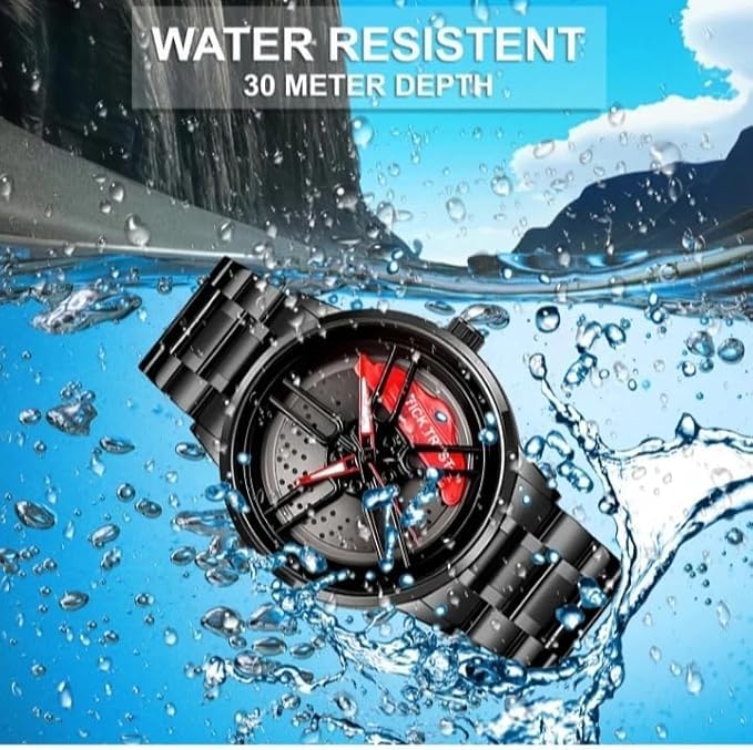 Image of Gyro Men's Black Dial Analogue Watch New Wheel Spinning Creative Fashion League Fans Butterfly Double Snap Gift Wrist Watch (Red,5)
