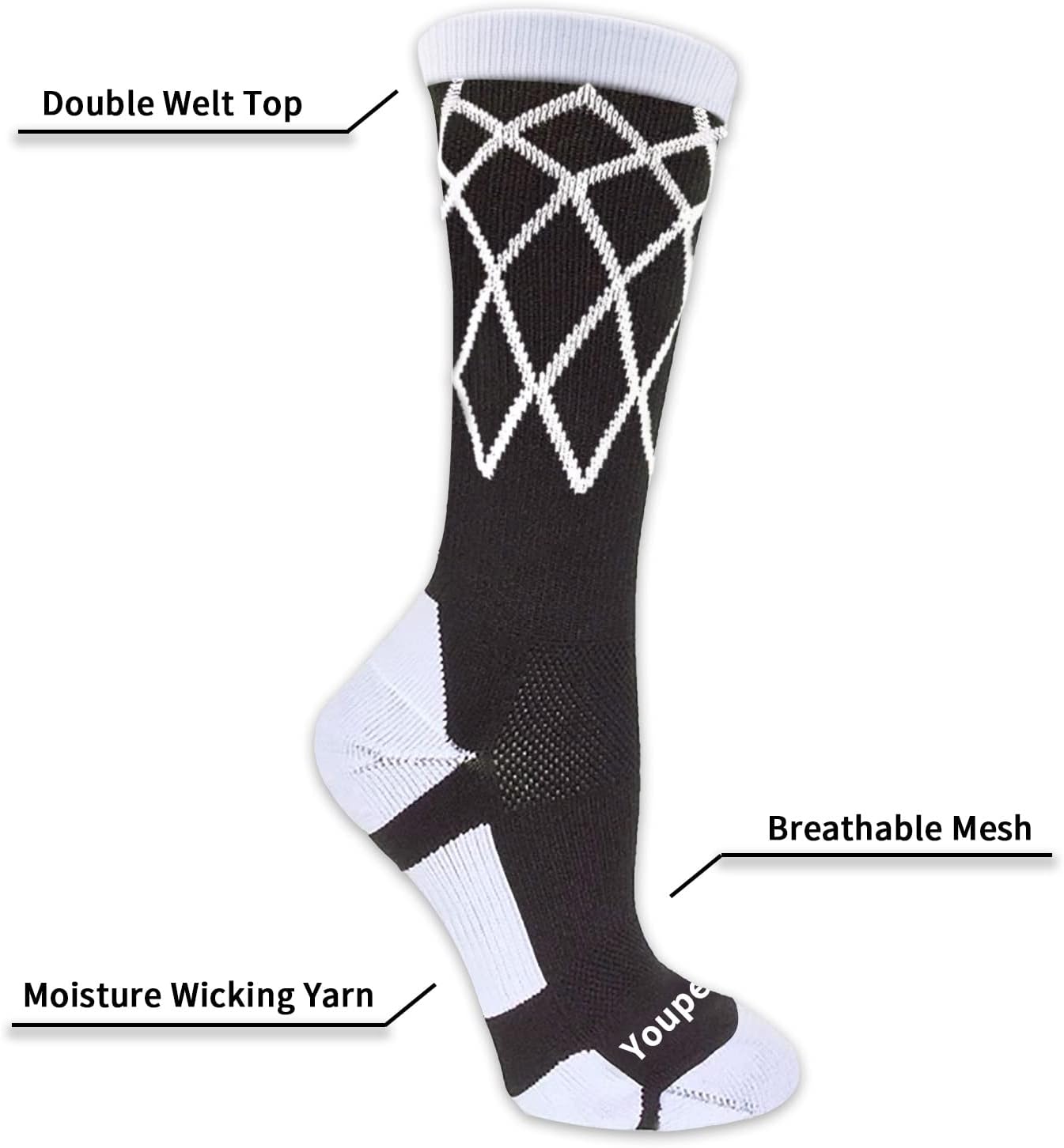 Youper Elite Basketball Socks with Basketball Logo & Net (2 Pairs), Athletic Crew Socks for Men, Boys, Women & Girls - Image 3
