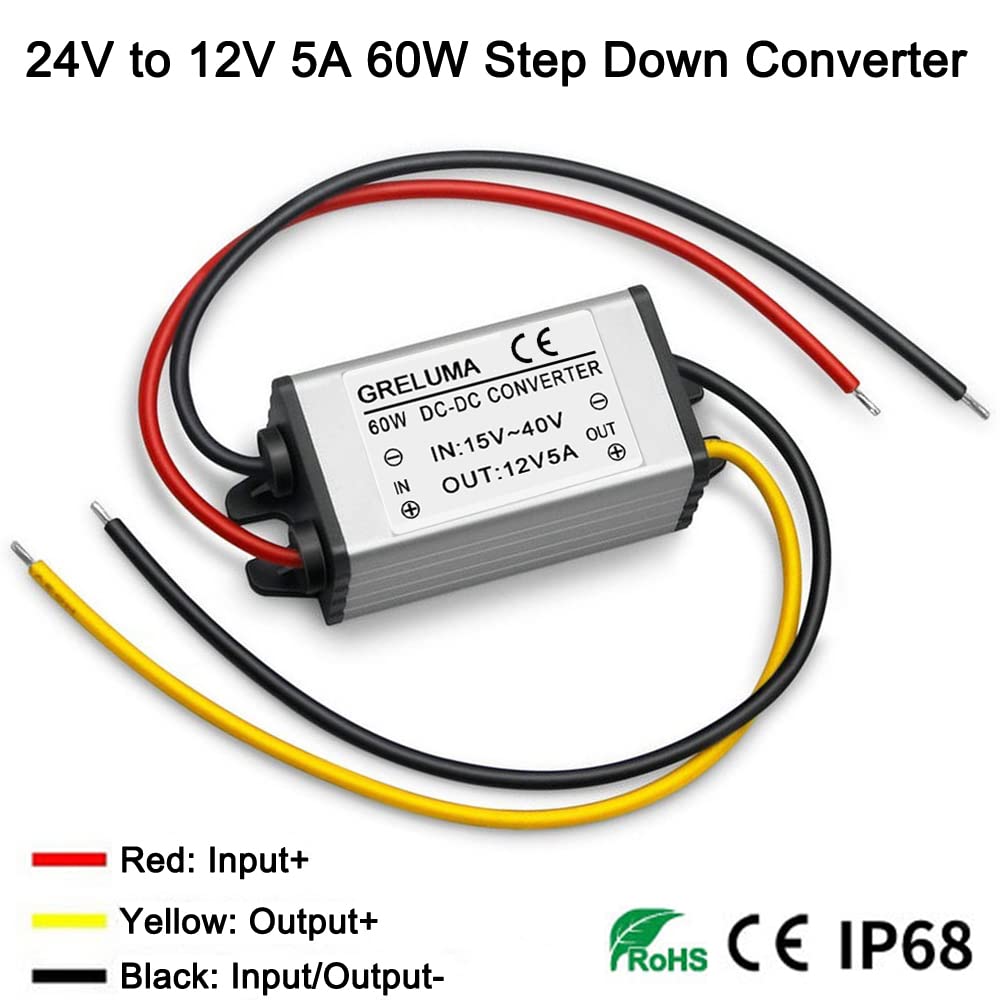 Greluma 1 Pezzo DC 24v a 12v Regolatore Riduttore Step Down Convertitore 5A 60W Adattatore di Alimentazione per Sistema Solare Auto Camion Veicolo Barca (Ingressi DC 15-40V)