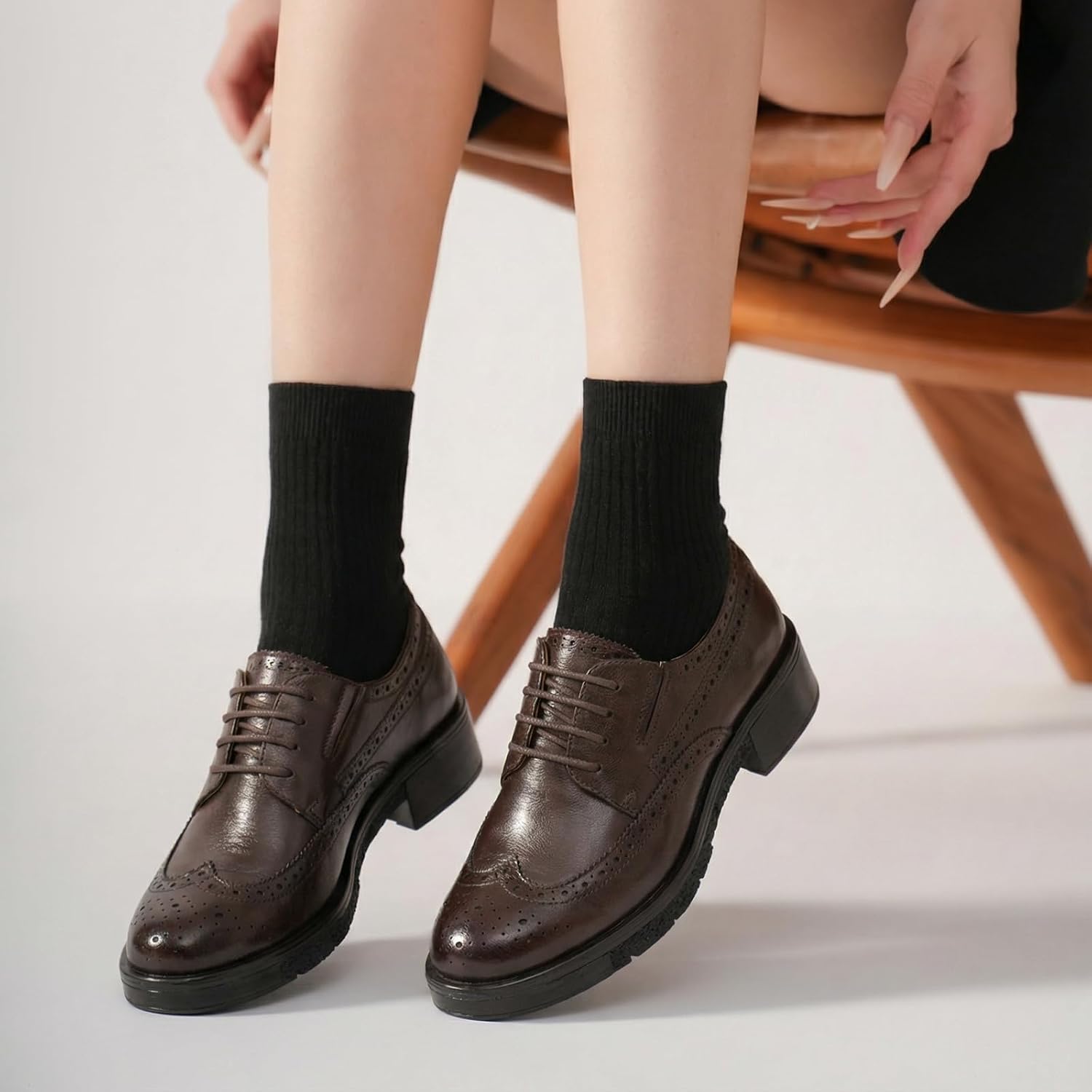 BEAU TODAY Oxford Shoes for Women, Leather Dress Brogue Oxfords, Comfortable Breathable Lace-Up Handmade Wingtip Oxford Shoes Ladies, Chunky Heel Round Toe Oxfords for Business Work