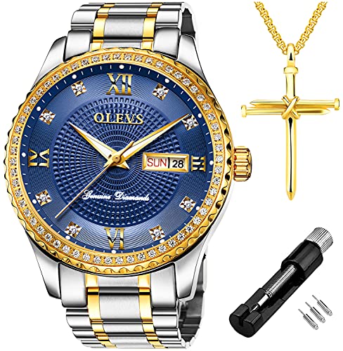 OLEVS Watches for Men Luxury Diamonds Royal Blue Wrist Watch Valentines Gifts Waterproof Stainless Steel Big Face Luminous Classic Casual Dress Day Date Calendar Analog Quartz for Young Male Golden