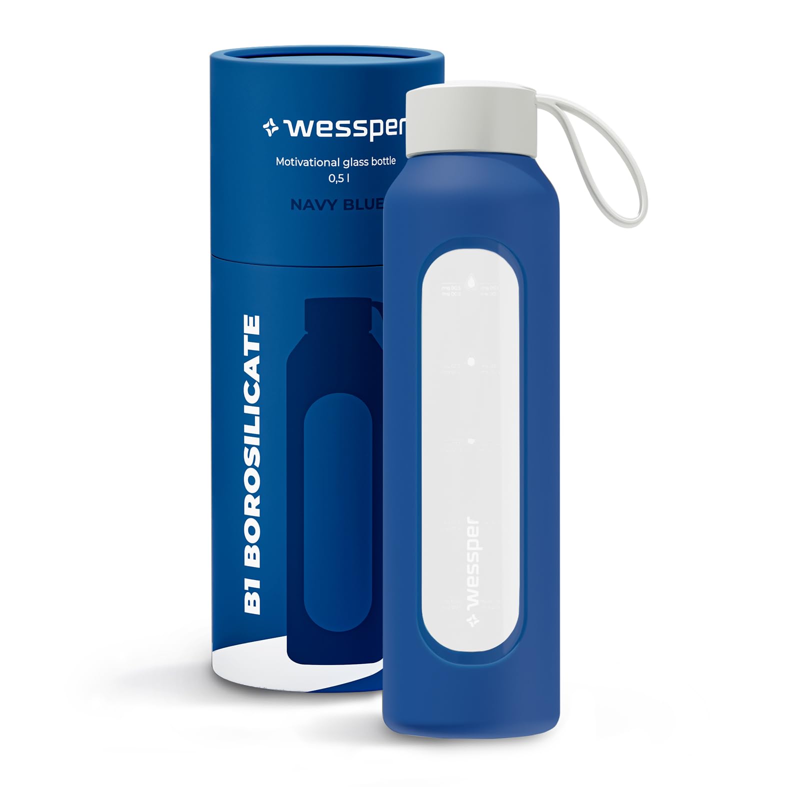 Wessper Glass Water Bottle 500ml with Silicone Sleeve, Borosilicate Glass, Time Marker, BPA-Free, Reusable Sports Bottle for Gym, School, Office – Blue