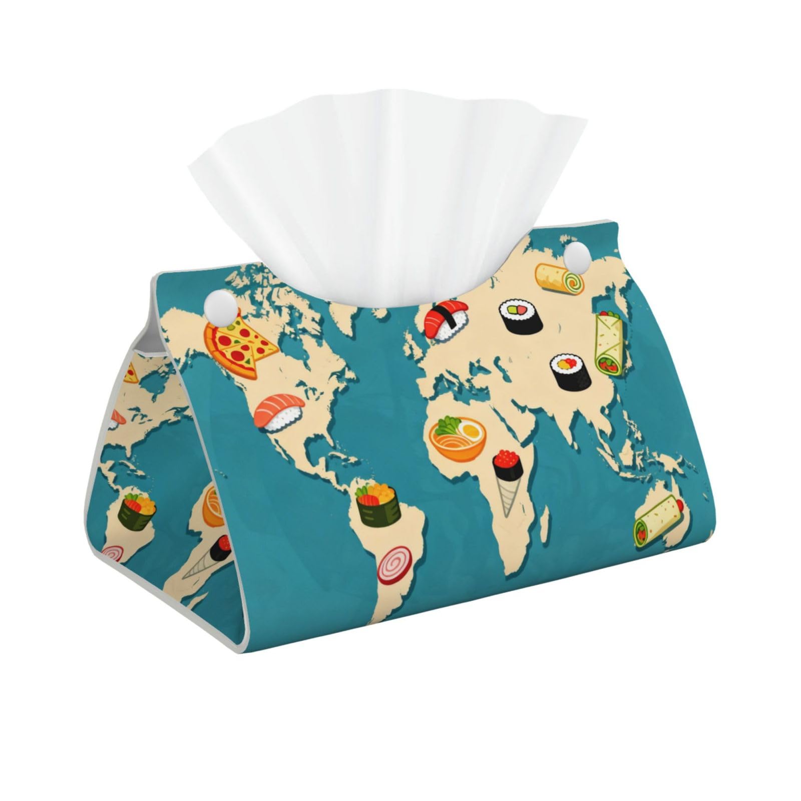 Food Map Long Leather Tissue Box Cover-Waterproof PU Leather Tissue Holder for Bathroom, Decorative Rectangular Tissue Case