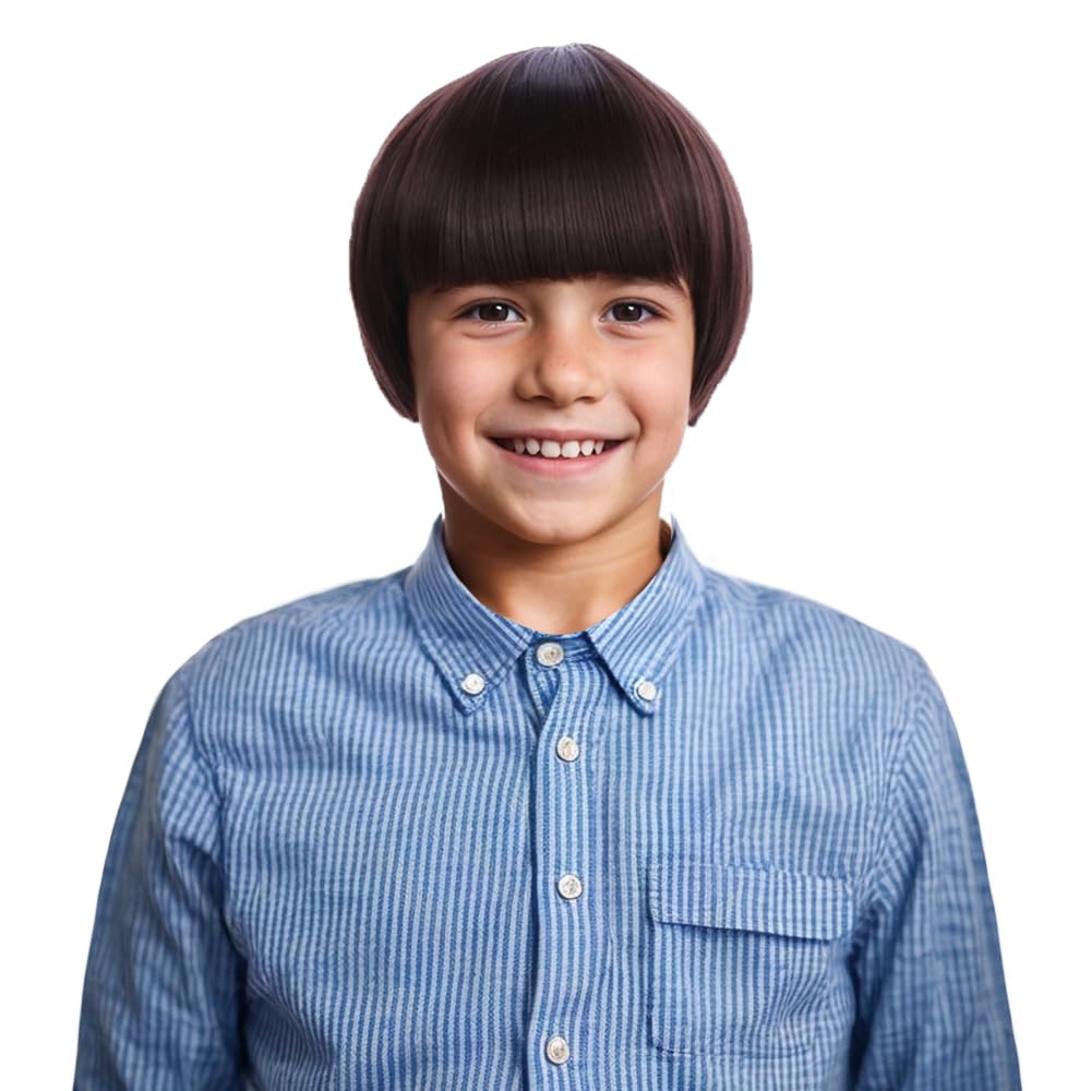 Edivd Child Brown Wig Boys Short Brown Straight Wig with Bangs for Kids Heat Resistant Synthetic Wigs with Cap