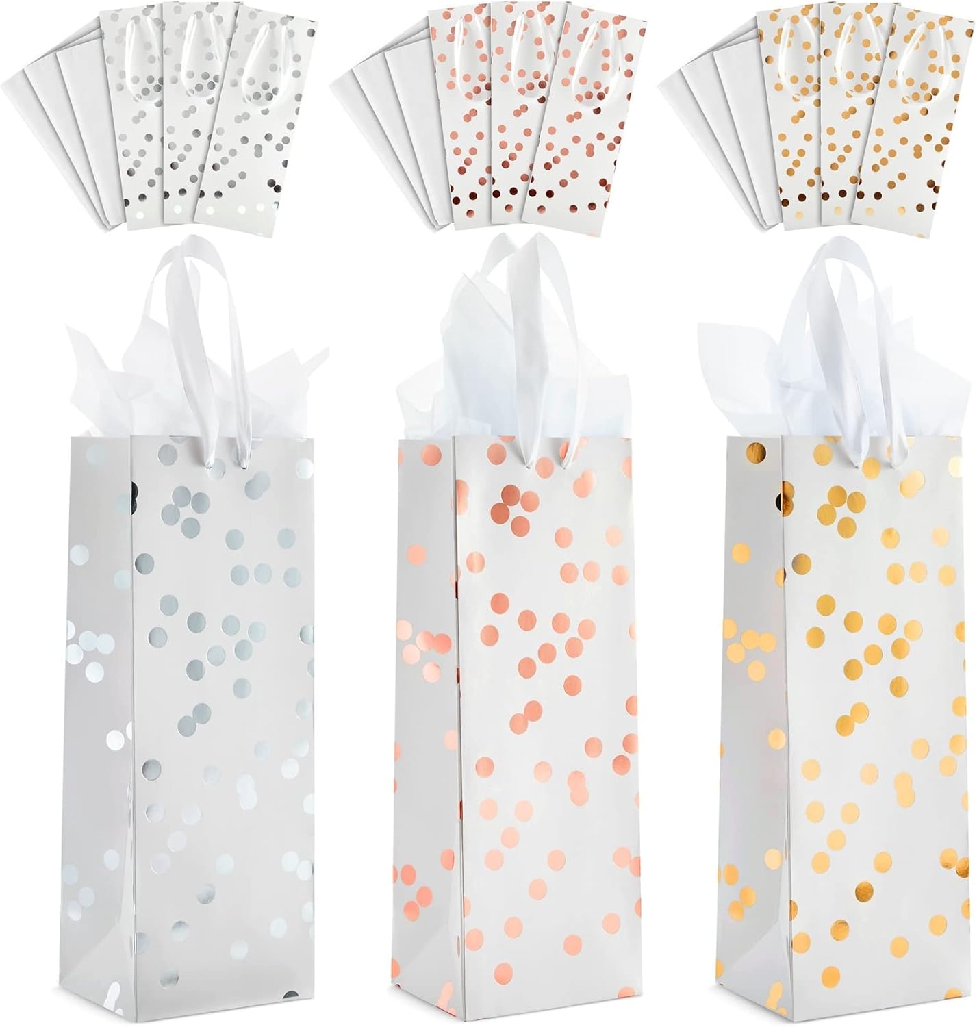 Sparkle and Bash Wine Gift Bags - Polka Dot Foil Style & Assorted Wine Bags for Gifts - Complete Wrapping Set with Tissue Paper & Ribbon Handles - Pack of 12-13.8x5x4 in - 3 Designs