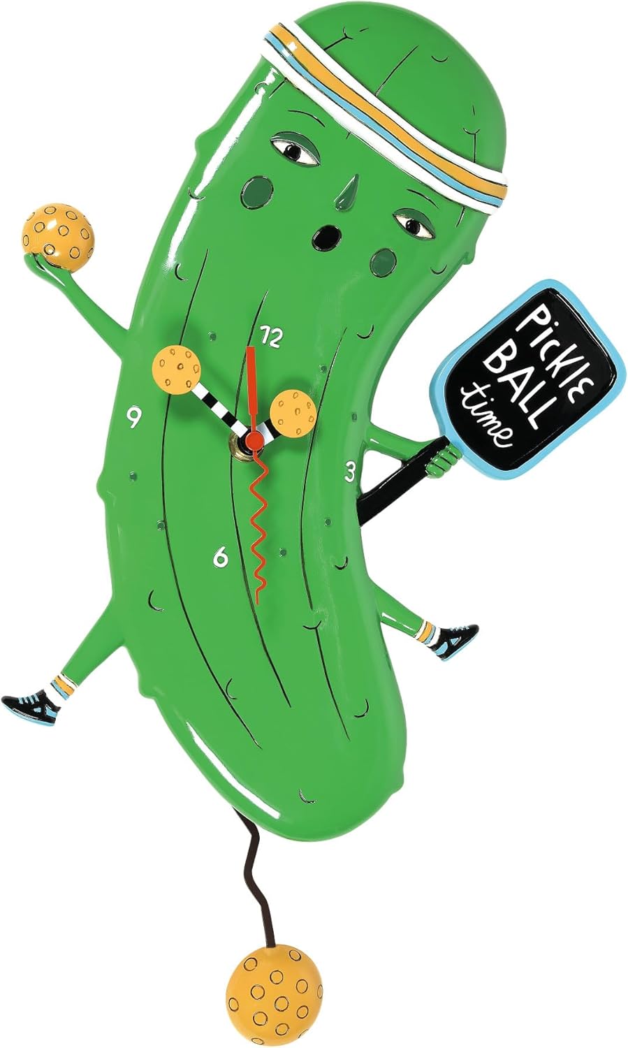 Enesco Allen Designs Pickleball Pickle with Paddle Battery-Operated Sculpted Pendulum Wall Clock, 10.04 Inch, Multicolor