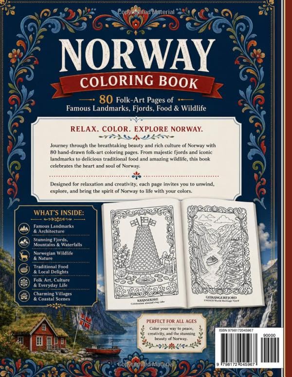Norway Coloring Book: 80 Folk-Art Pages of Famous Landmarks, Fjords, Northern Lights, Food & Wildlife image 3