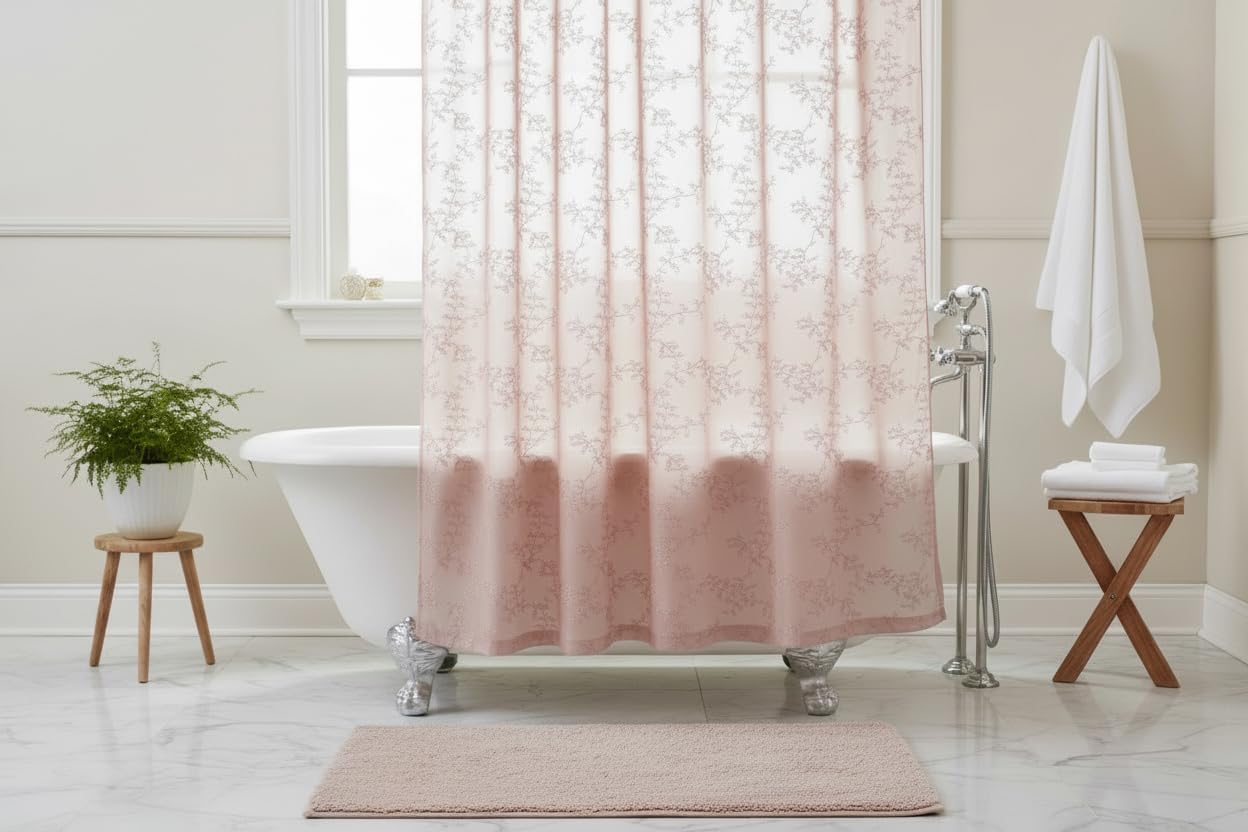 Serafina Home Decorative Sheer Fabric Shower Curtain for Bathroom: Embroidered Botanical Design Metallic Silver Lined (Blush/Blush)