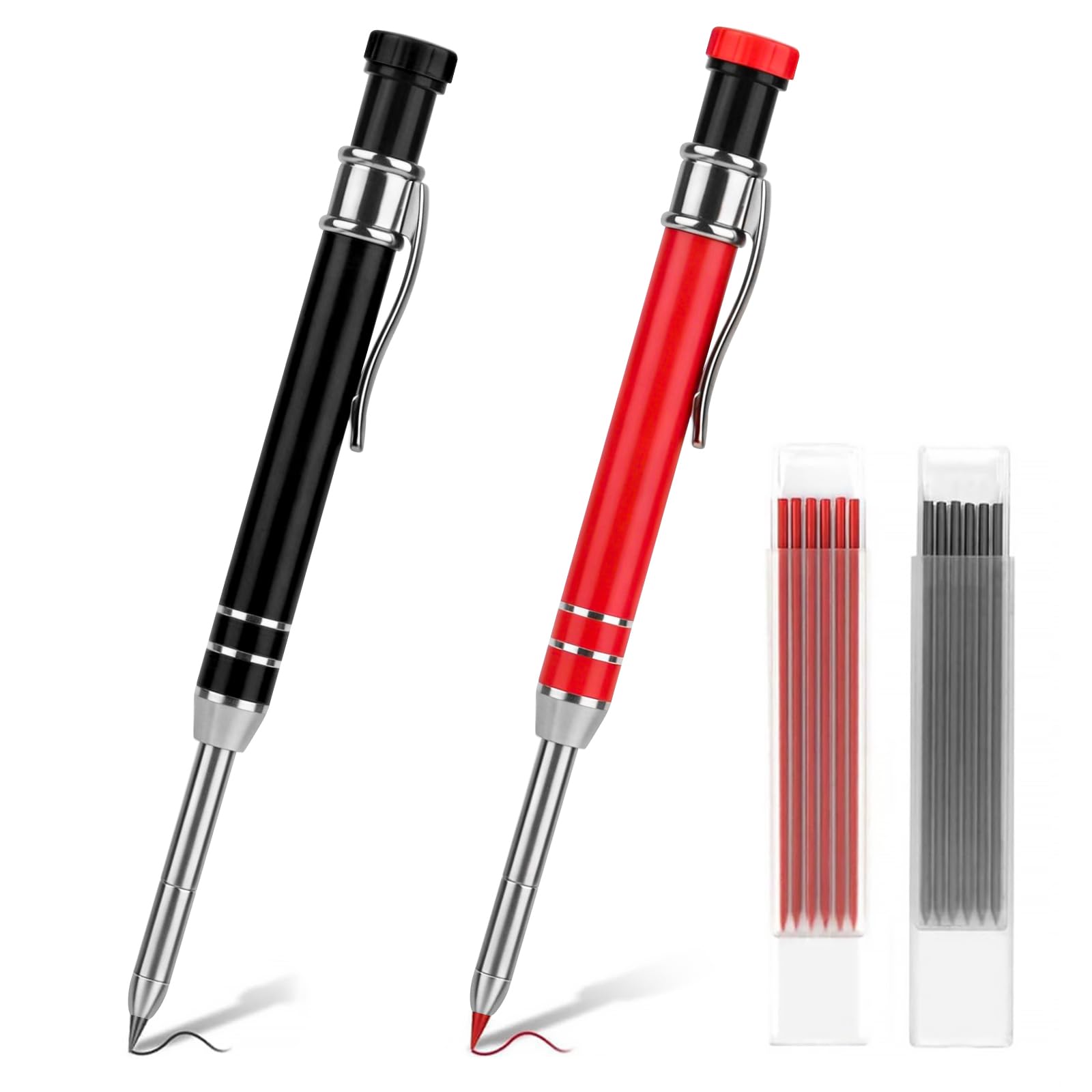 Carpenters Pencil Set - Metal Body, 45mm Deep Hole Builders Pencil with 14 Refills in 2 Colors, Built-in Sharpener & Metal Clip - Durable Construction Pencils for Builders, Joiners & Woodworking