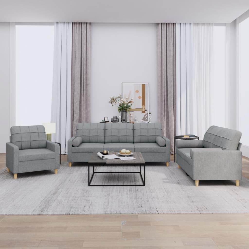 3-częściowy zestaw sof, jasnoszary, materiał z fotelem, 2-osobowa i 3-osobowa, tapicerowana poduszkami, wytrzymała metalowa rama, idealna do salonu i pokoju gościnnego, zajmuje mało miejsca i