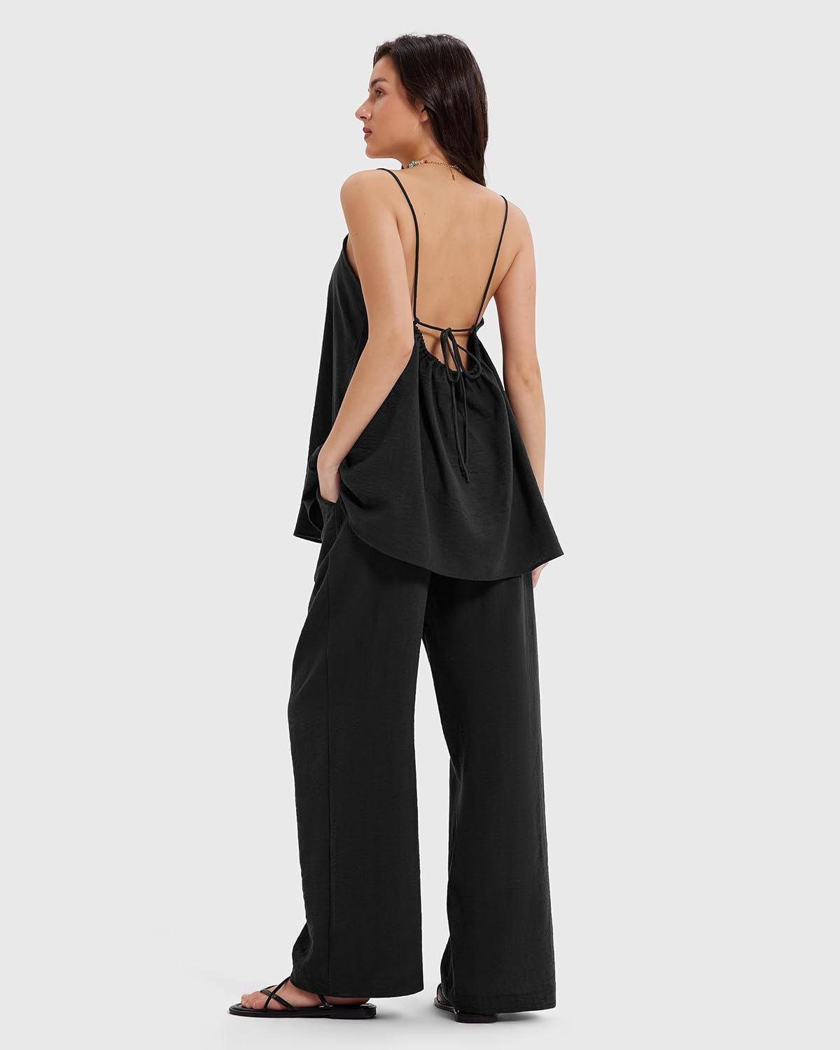 MOOSLOVER Women Linen Summer Two Piece Sets Backless Lounge Outfits Sets Travel Beach Vacation Clothes - Image 2