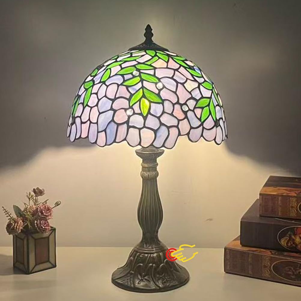 Lampa stołowa ze szkła witrażowego, wzór liści glicynii, idealna lampka do czytania do sypialni, salonu, biura, gabinetu, 30 x 30 x 45 cm