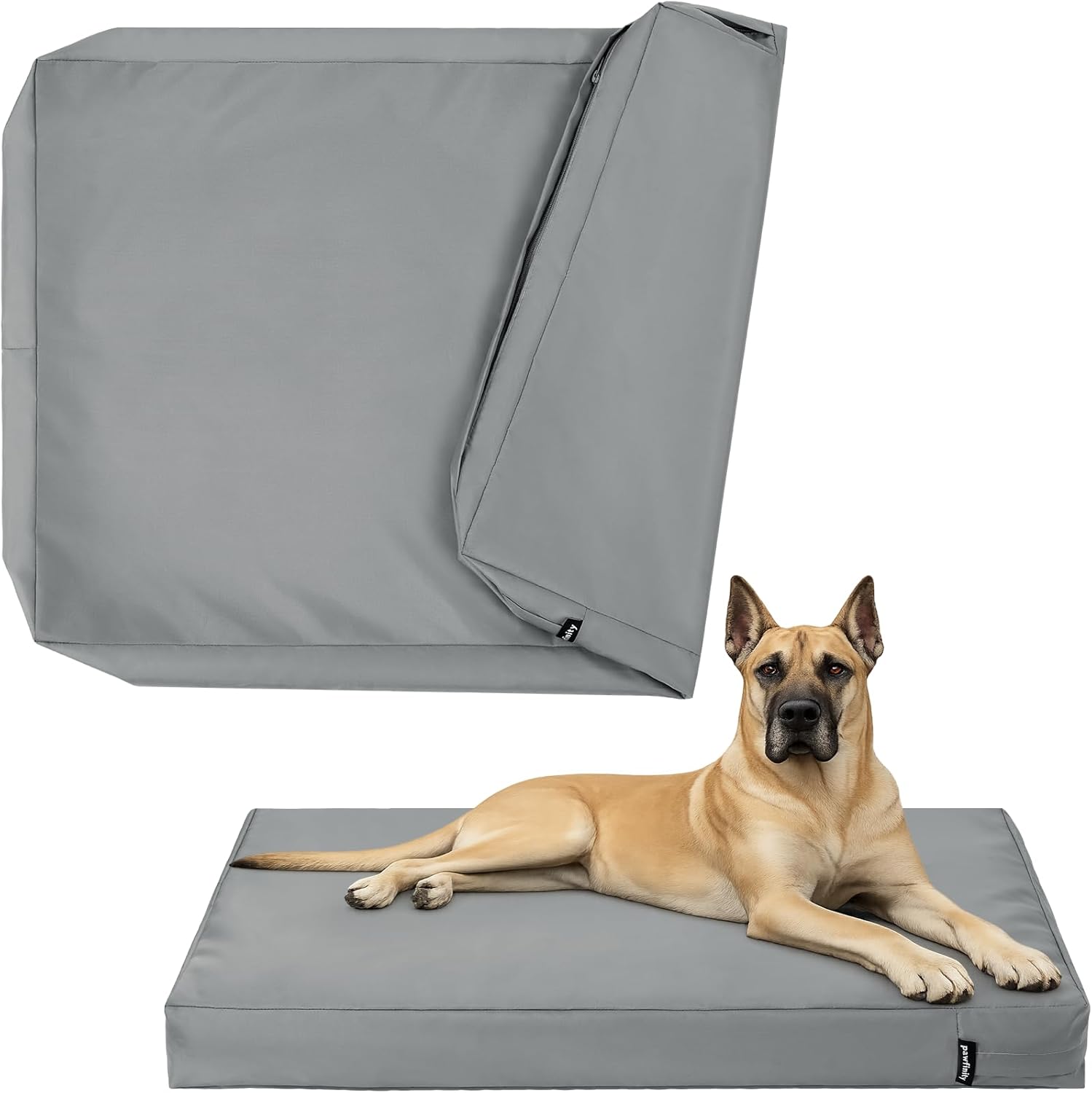 PAWFINITY Waterproof Dog Bed Cover Replacement Washable, Extra Large, XXL, Easy to Clean, Pet Hair Resistant, Heavy Duty Oxford, Zipper Closure, Indoor/Outdoor, Fits 54 Inch Dog Crate - 53x36x4, Grey