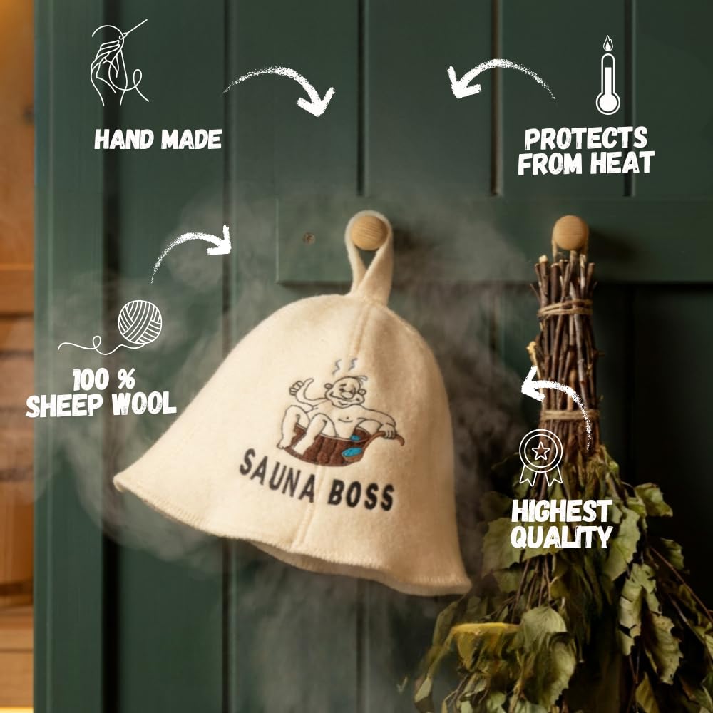 Saunahut 'Sauna Boss Bucket' White - 100% organische Wollfilzmützen - Schützen Sie Ihren Kopf vor Hitze - Englische Sauna E-Book Handbuch inklusiv - mit Stickerei