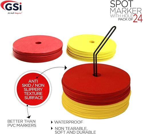 Miniatura 2 de GSi Marcadores antideslizantes de 6 pulgadas para agujeros de piso, amarillo y rojo con soporte de transporte de metal, 24 piezas, conos de campo