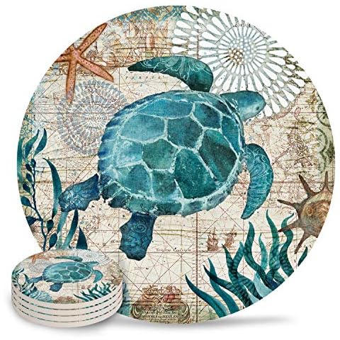 Vandarllin Drink Coasters Sea Turtle Ocean Animal Absorbent Stone Ceramic Coaster with Cork Back and NO Holder for Cups, Set of (4-Piece) Cover