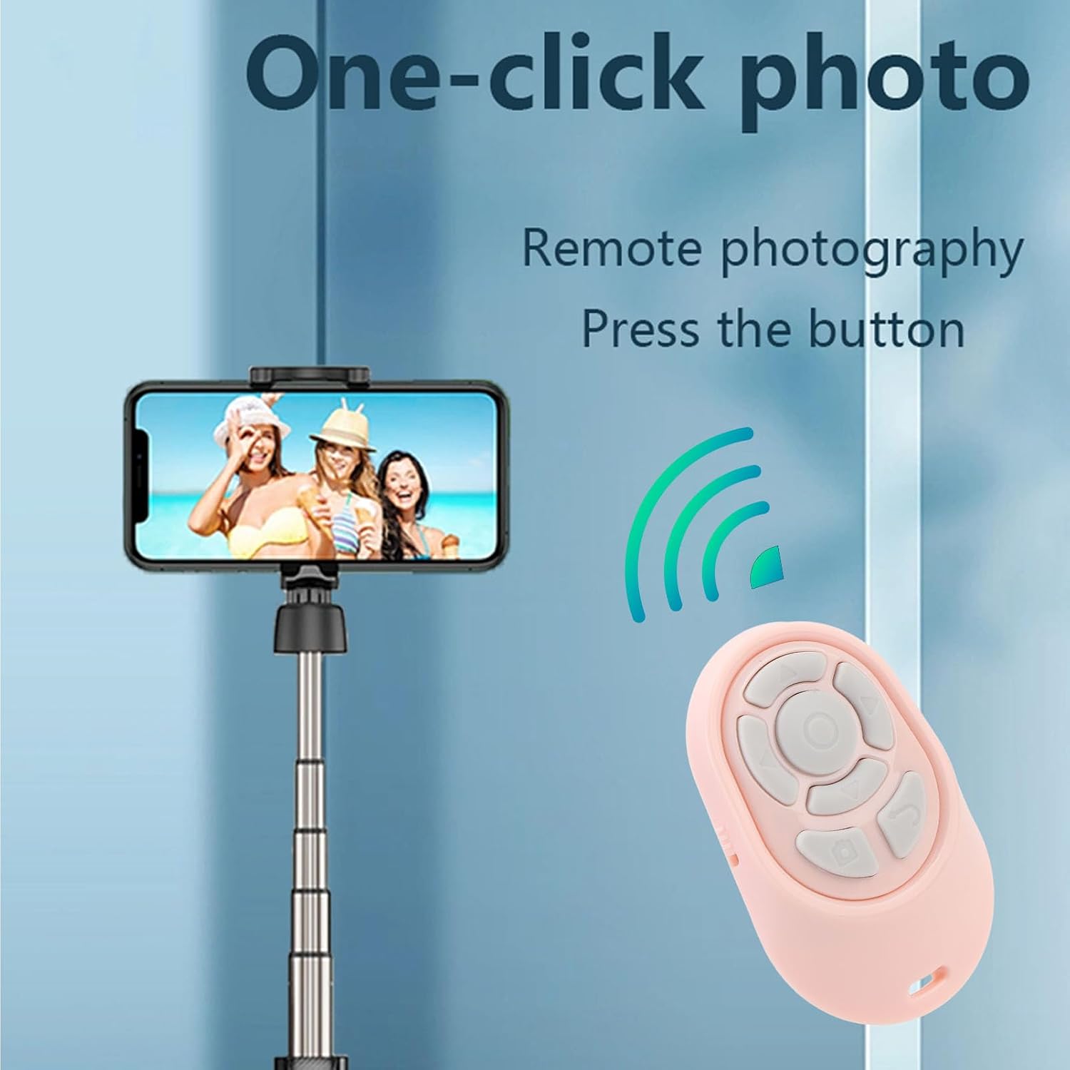 Person using the Wisoqu remote control to take a photo with a smartphone mounted on a tripod.