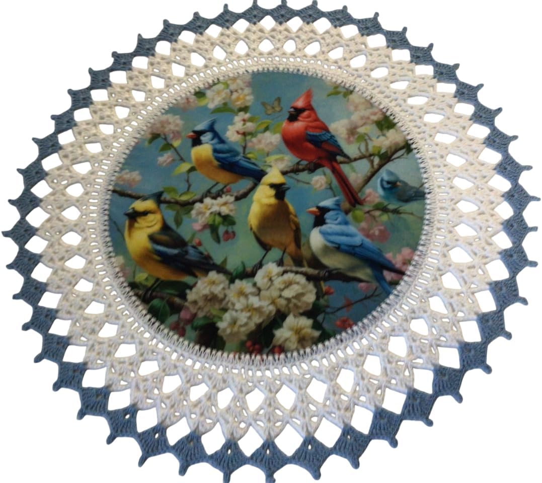 Cardinal Doily Multi Colored Song Birds Round Handmade Table Decoration Crochet 18 Inches Centerpiece with Cotton Fabric and White with Delft Blue Trim