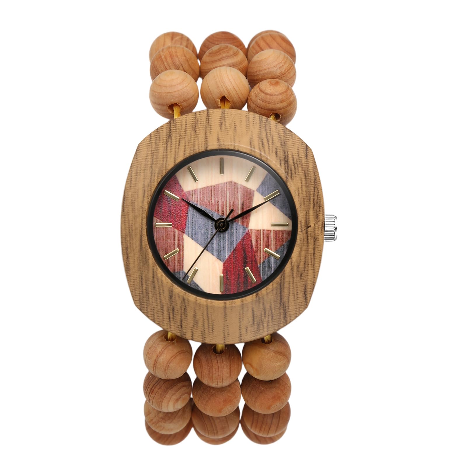 Bohemian Wooden Elastic Watch: Handcrafted Tonneau Beaded Wood Bracelet Watches Colorful Dial with Stretch Band Analog Quartz Wristwatch for Women for Valentine's Day-image-5