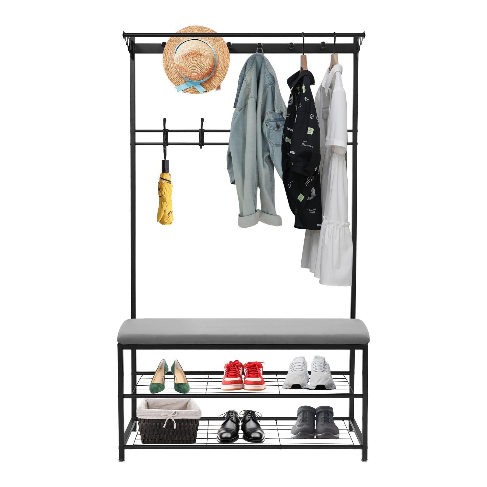 Perchero con zapatero, perchero de metal con 11 ganchos y zapatero, espacio de almacenamiento bajo el asiento, estantería para pasillo, salón, oficina, dormitorio, altura 170 cm