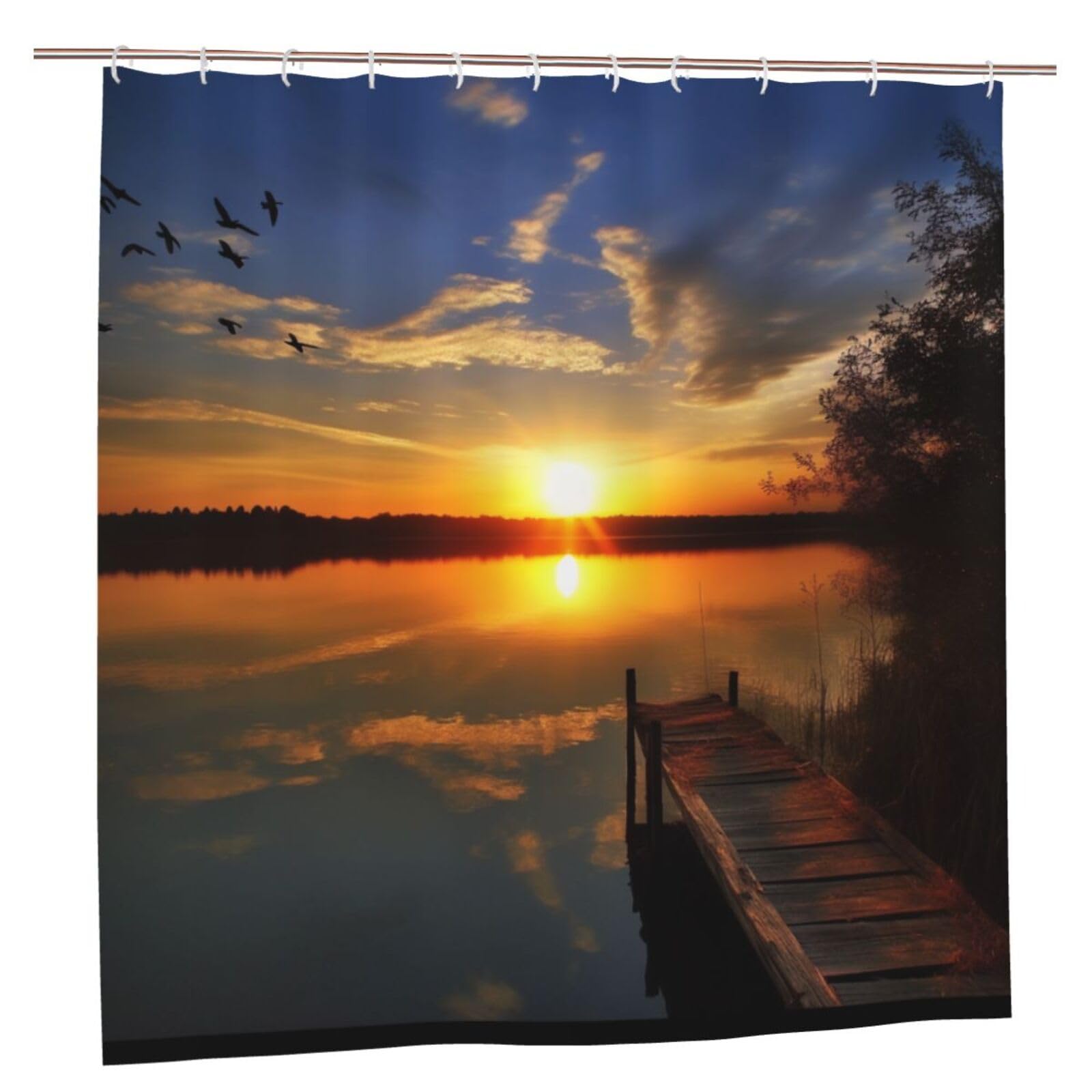 BWWHCCTI Lake under Sunset Printed Shower Curtain With 12 Plastic Hooks Opaque Quick Drying Waterproof Shower Curtains Sets For Bathroom 183x183 CM
