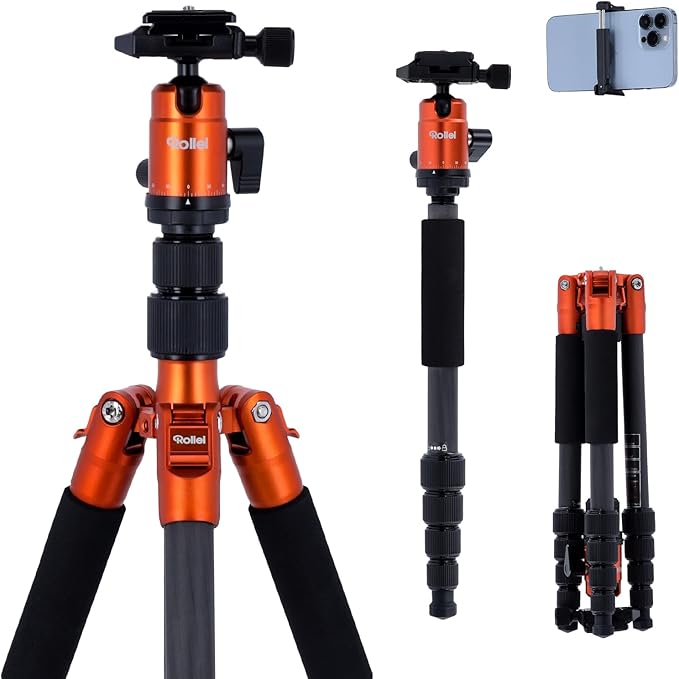 Rollei Compact Traveler No. 1 Tripod Carbon Orange, 145cm Lightweight Travel Tripod with Ball Head/Phone Holder/Carry Bag Max Load 8kg DSLR Tripod Arca Swiss Compatible,Tripod-Camera-Stand-Carbon