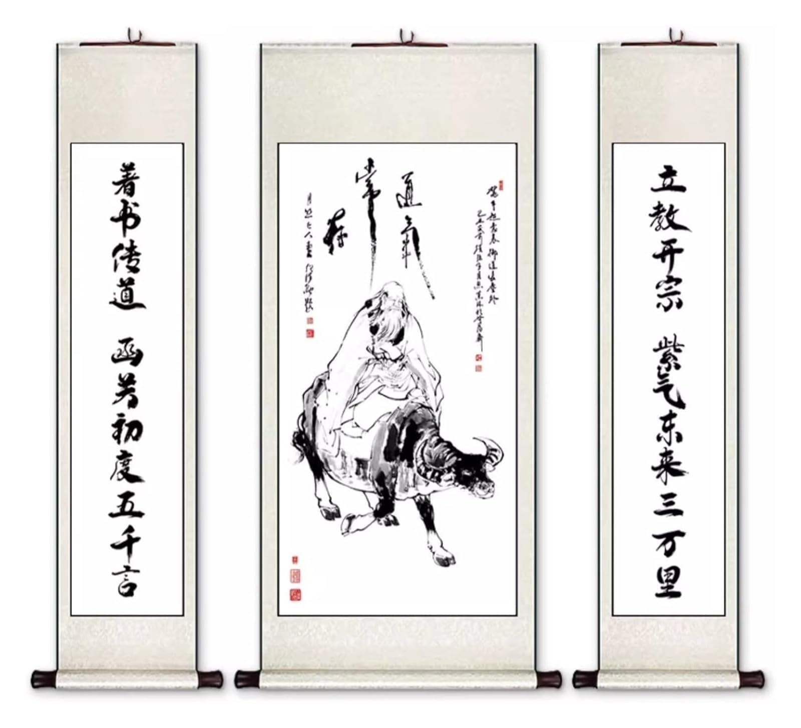 Zestaw 3 elementów zwoju „Sage On Buffalo Scroll Painting” w stylu klasycznej sztuki chińskiej, kreatywna dekoracja ścienna do szkoły, wybór prezentów edukacyjnych