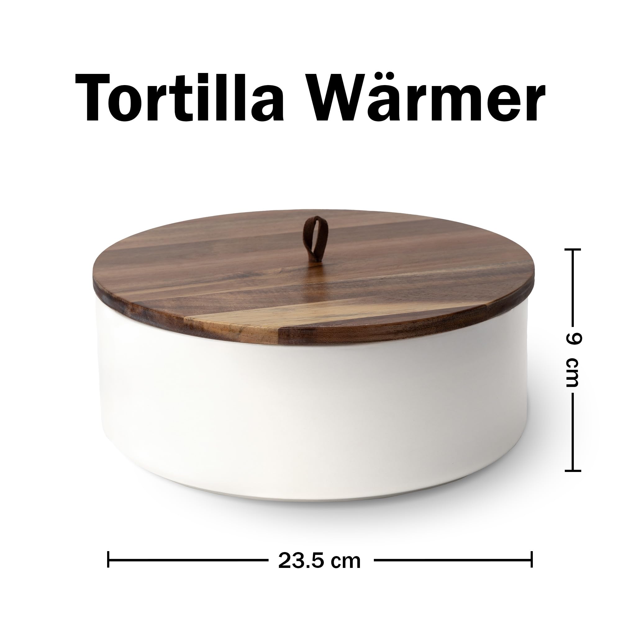 Tortillada - 23,5 cm Tortilla Wärmer mit Holzdeckel, Keramik Tortilla Warmer, Wrap Wärmer - Für Mikrowelle geeignet