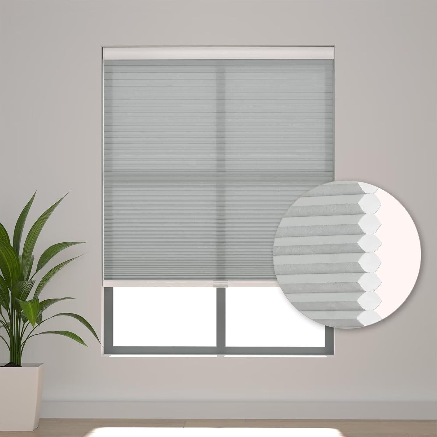  Cordless Cellular Shades, Light Filtering Honeycomb Blinds for Indoor Windows Bedroom, Pull Down Pleated Accordion Blind Easy Install, Shade Size 19" Wx36 H, Gray
