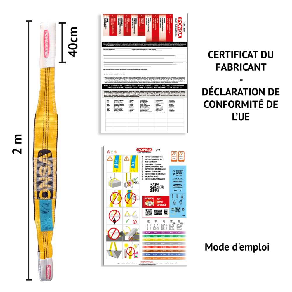 PONSA 3t-2m. Élingue Plate Double Bande avec Boucles, 3000 kg - 2 mètres, avec Traitement PONSAGARD Contre coupures et abrasions. 030191002108.