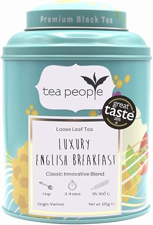 Tea People Luxury English Breakfast Tea Loose Leaf 125g in a luxury tin caddy   Premium Blend of Assam, Darjeeling & Ceylon   Medium-Bodied Black Loose Tea Leaves for a Perfect Morning Brew