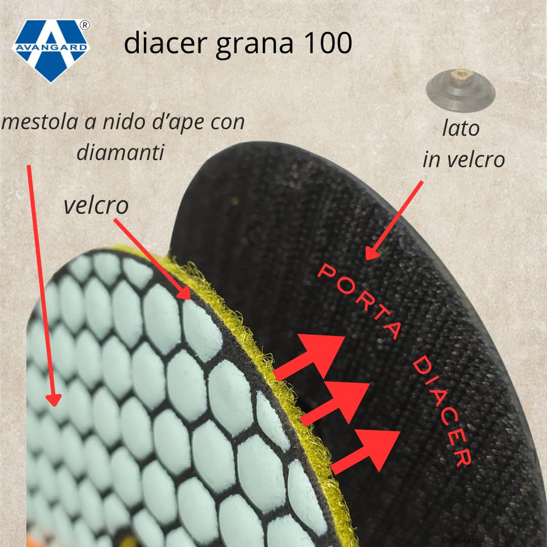 AVANGARD Disco diamantato articolo 671002 grana 100 con attacco in velcro per smussatura o finitura superfici in gres porcellanato,marmo o granito.