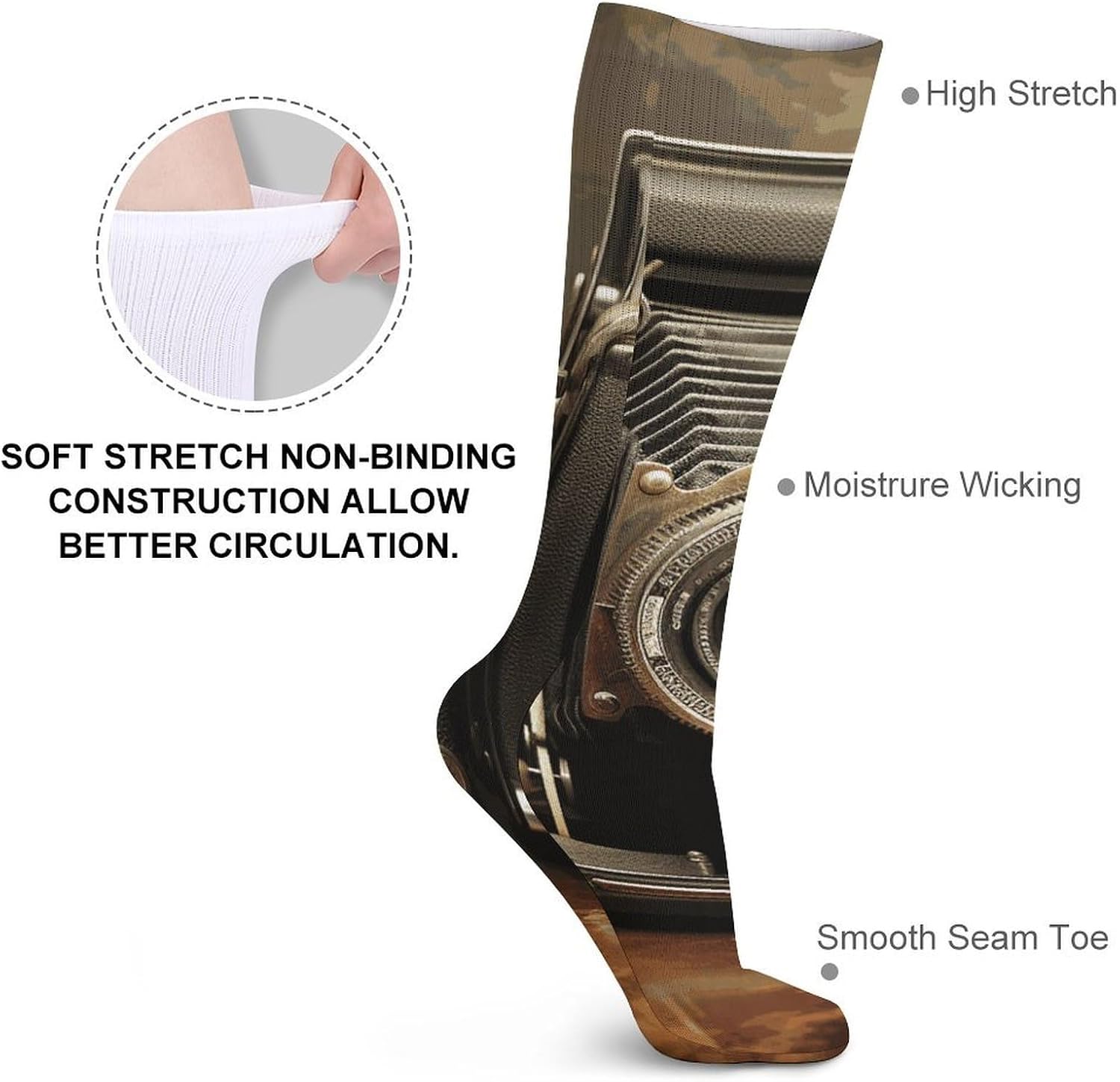 Breathable Crew Sock, Moisture Wicking, Athletic Calf Socks, Cozy | Old Camera Compression Socks for Women Men, Lightweight High Work Socks for Business, Casual
