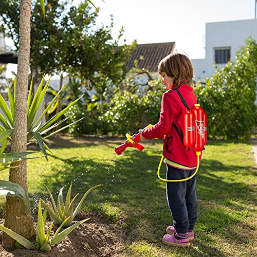 Relaxdays 10027680 Feuerwehr Wasserspritze, 2,5 l Wassertank, 5 m Reichweite, 2 Sprühfunktionen, Löschrucksack Kinder, rot-gelb