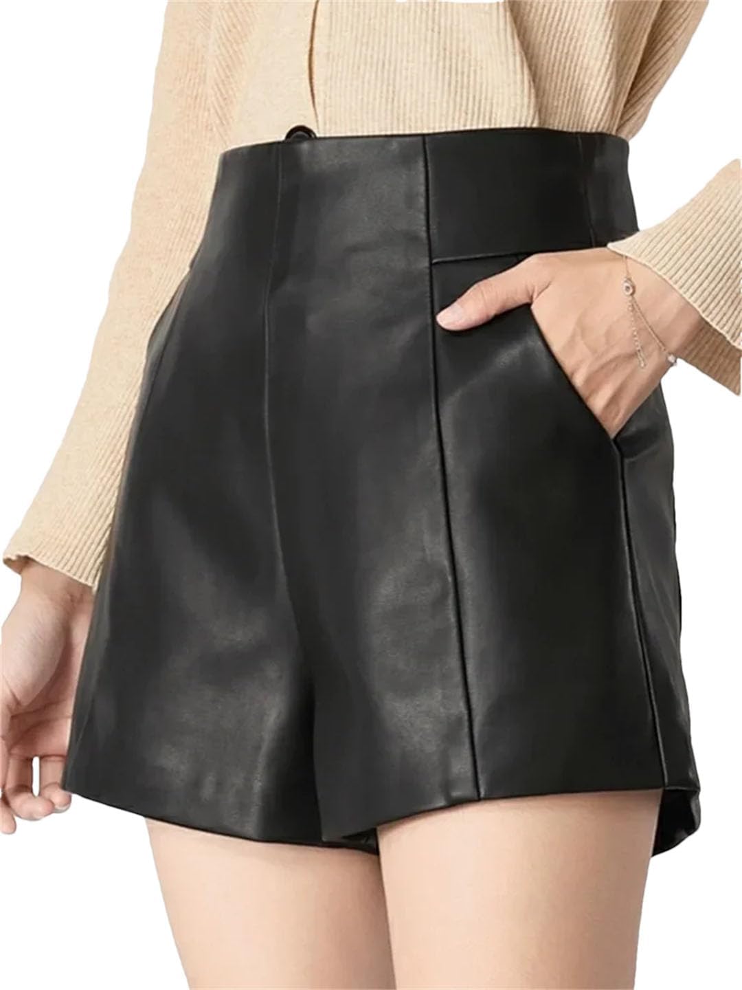 Women High-Waisted Slimming Black Leather Shorts Loose-Fit Straight-Leg A- Line Wide-Leg Pants