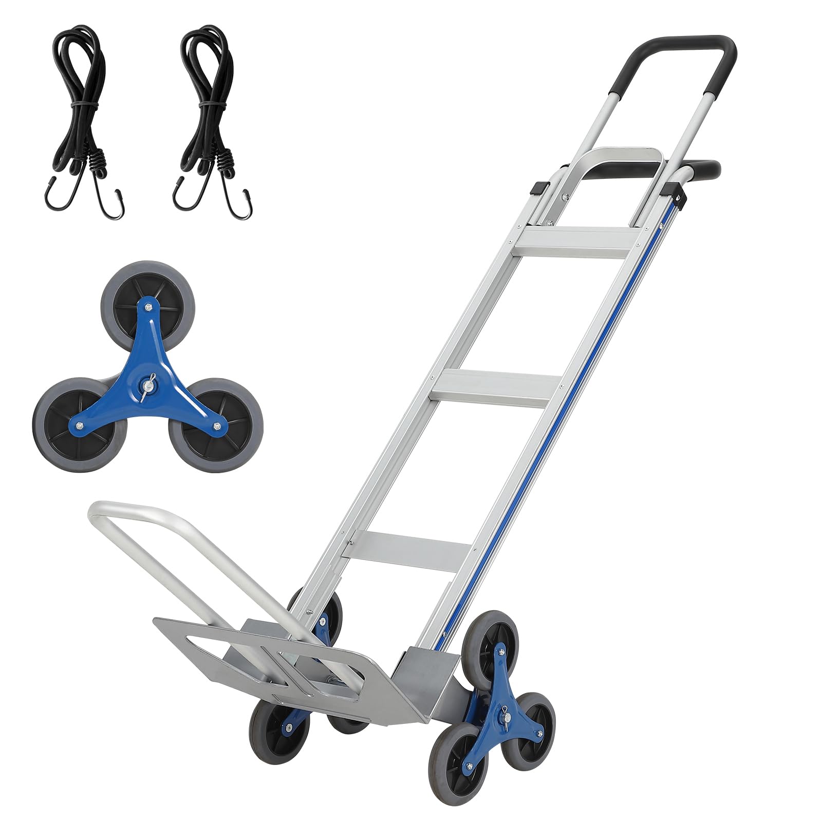 Carrito de aluminio para subir escaleras, 272.2 kg 2 en 1, carretilla de mano de aluminio resistente con placa base extensible, asas dobles, 6 ruedas y 2 cuerdas elásticas para compras en almacén